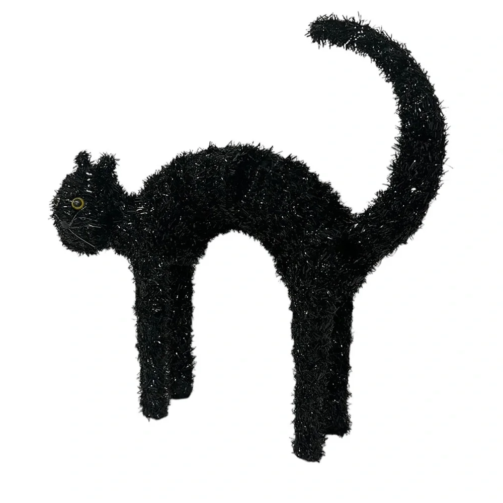 Vintage Halloween Holiday Tinsel Wire Standing Arching Black Cat and SpiderWebs